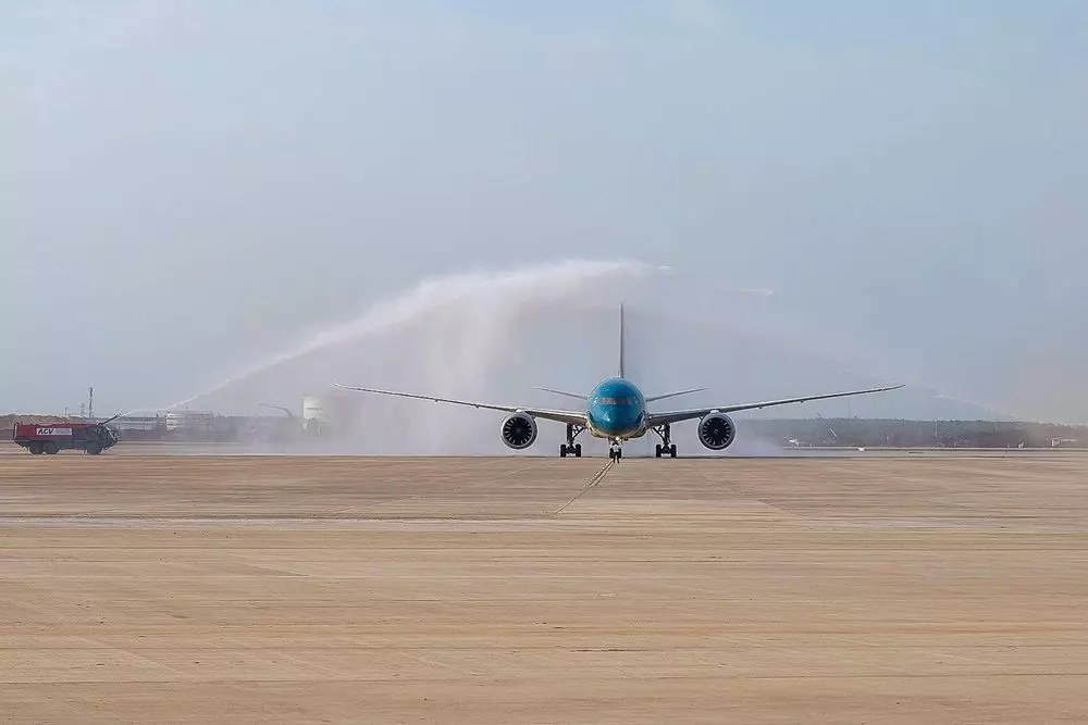 Water salute welcoming Vietnam Airlines aircraft at Long Thanh Airport